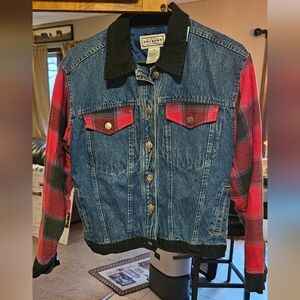 Women's Denim Jacket with Red Plaid Accents